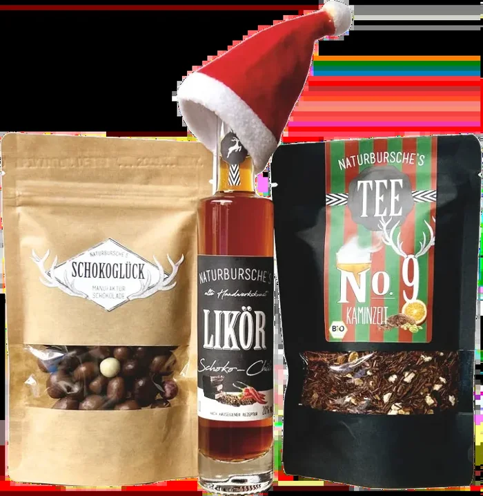 Naturbursche gourmet box „Fireside Evening“ (1x winter apple liqueur + 1x tea + 1x chocolate berries)