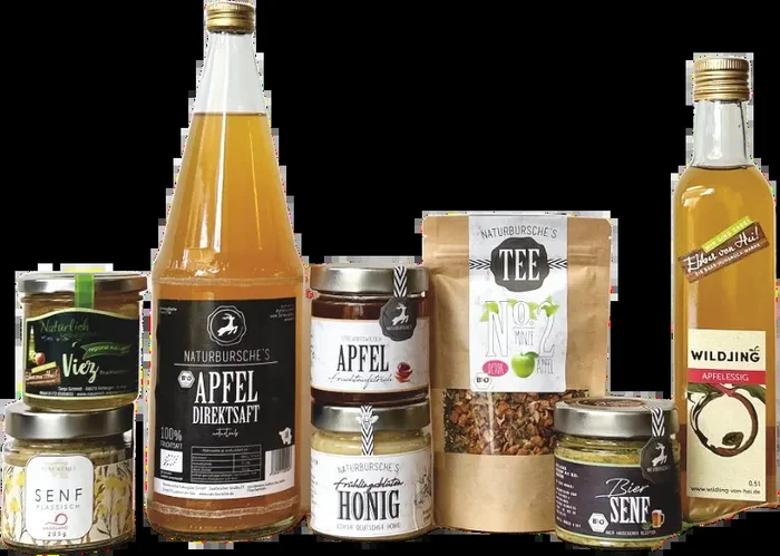 Naturbursche Saarland Box (2x fruit spread + 2x mustard + 1x honey + 1x tea + 1x vinegar + 1x apple juice + 1x rock candy)