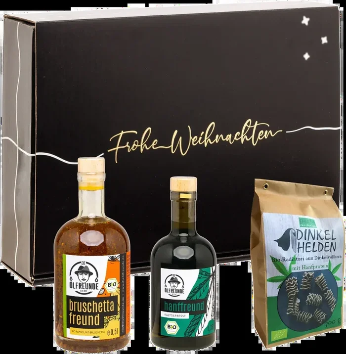 Christmas box Let it Snow (1x organic bruschetta oil + 1x organic hemp oil + 1x organic hemp spelt pasta)